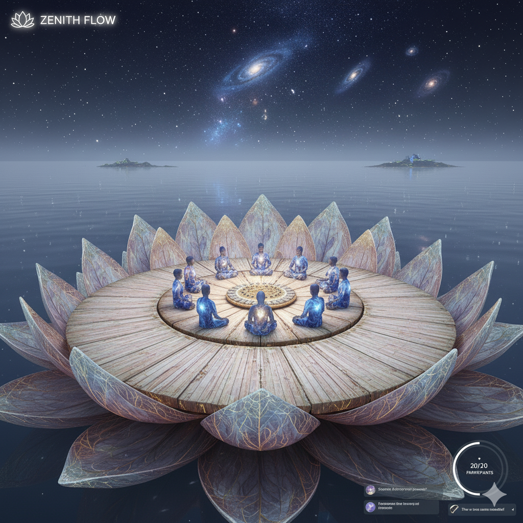 Lotus meditation platform floating on cosmic waters